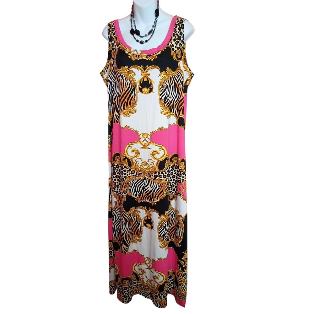 Absolutely love It Ladies Pink Baroque & Animal Print Maxi Dress Sz 3X